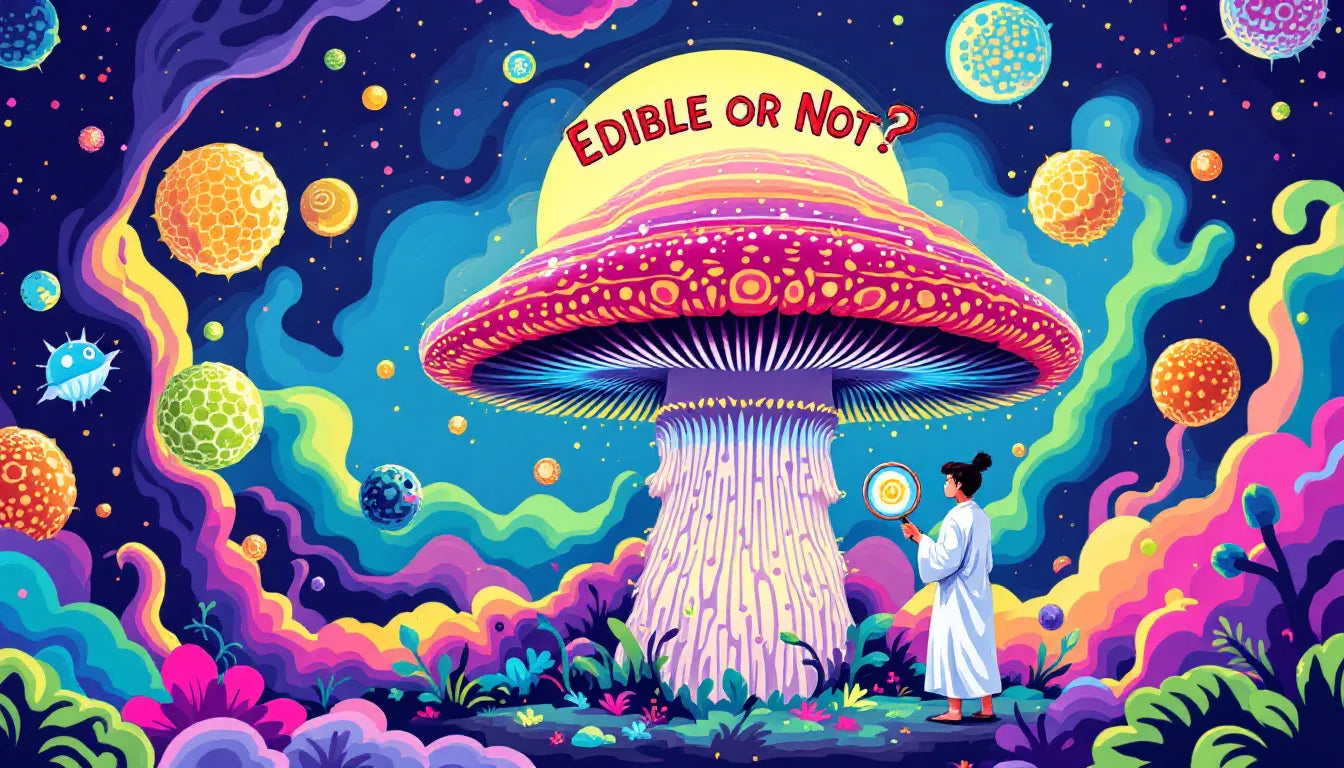 Colorful psychedelic turkey tail mushroom with swirling layers, steam rising from tea cup, pop art forest scene, symbolizing edible mushroom's immune and gut health benefits