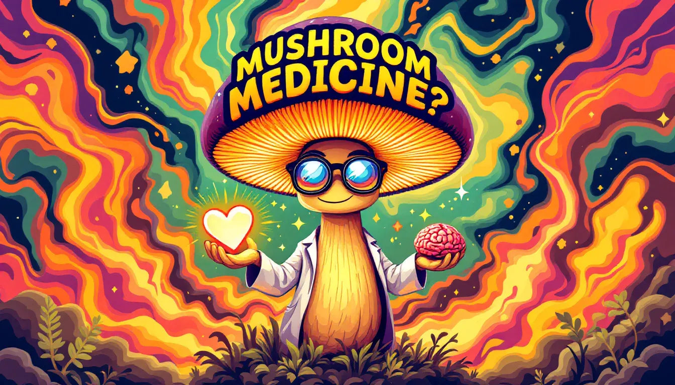 Psychedelic vector art of chestnut mushroom with glowing health icons representing immunity, brain health, antioxidants, and digestion benefits