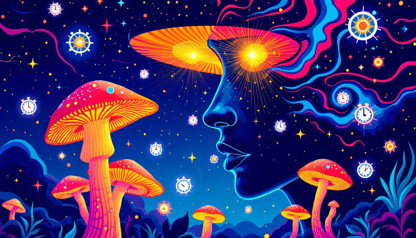 Trippy vector art of cordyceps mushroom athlete breaking through a clock face, symbolizing best time to take cordyceps for energy and immune support