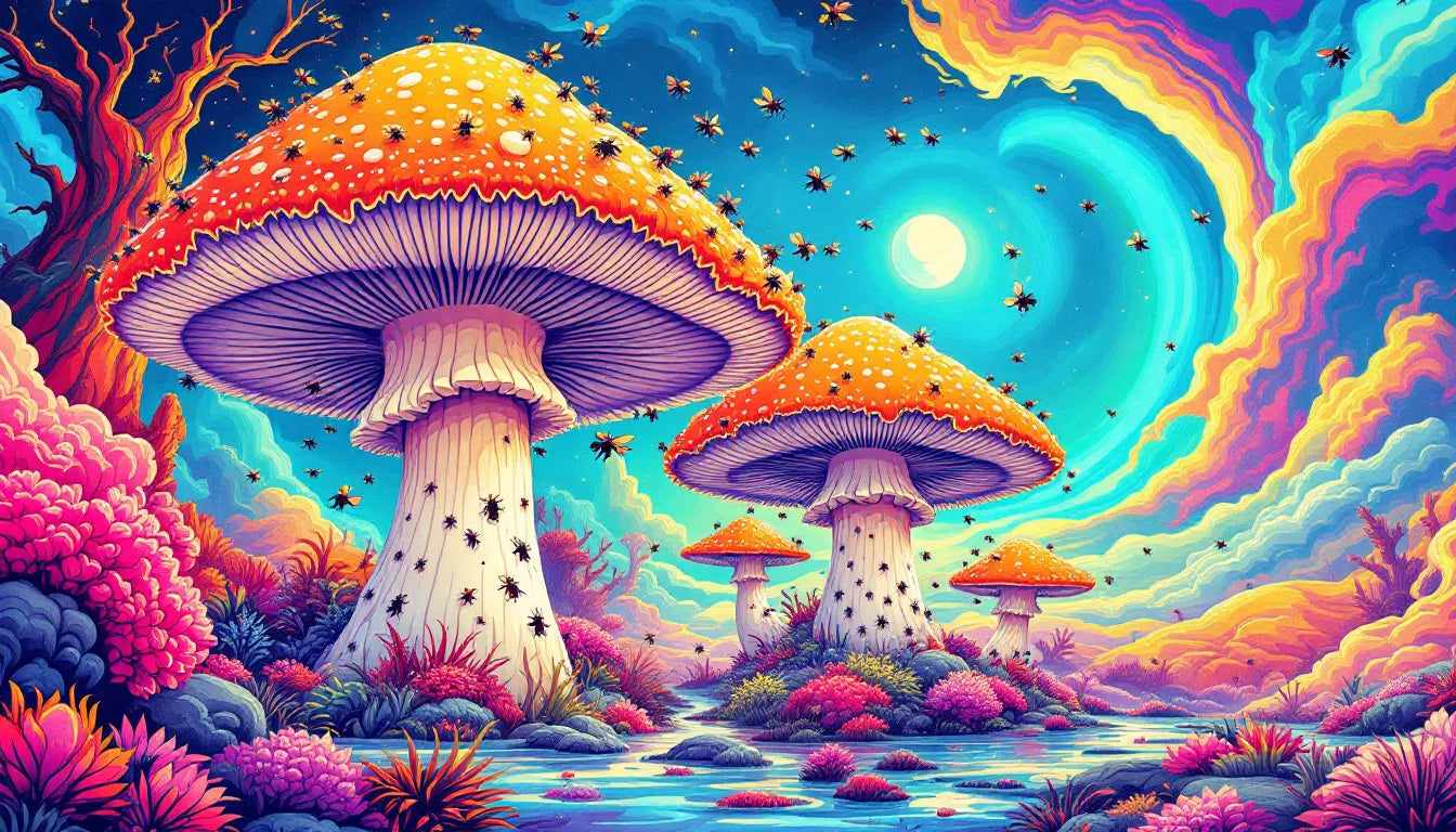 Psychedelic cartoon of basket stinkhorn mushroom with slime