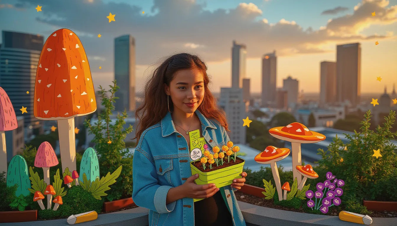 Young person harvesting mushrooms on a futuristic rooftop garden showcasing benefits of urban farming for food security and sustainability in cities