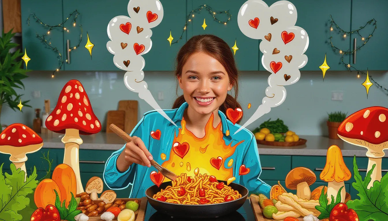 Young adult joyfully cooking with colorful gourmet mushrooms like lion’s mane and shiitake in a vibrant kitchen, symbolizing health benefits like immune support and brain function, surrounded by fantasy mushroom illustrations.