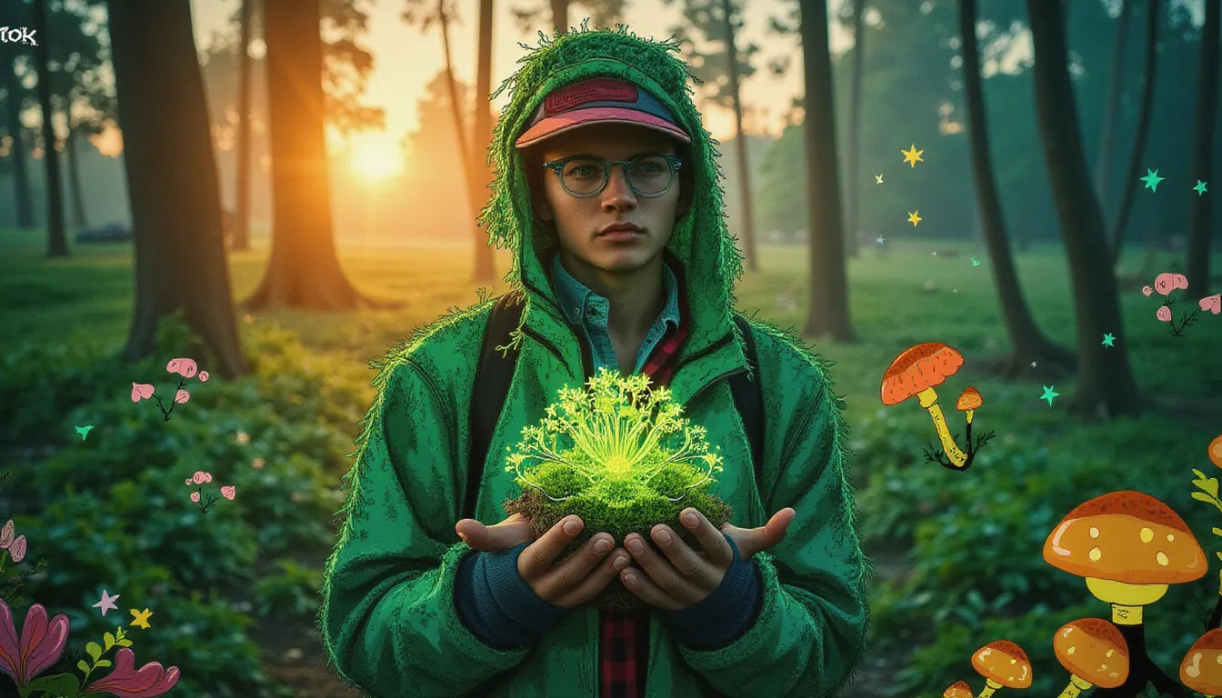 A person planting a mushroom grow kit in polluted soil with animated glowing mycelium networks and fantasy mushrooms, showcasing fungi’s environmental benefits like mycoremediation and pollution cleanup