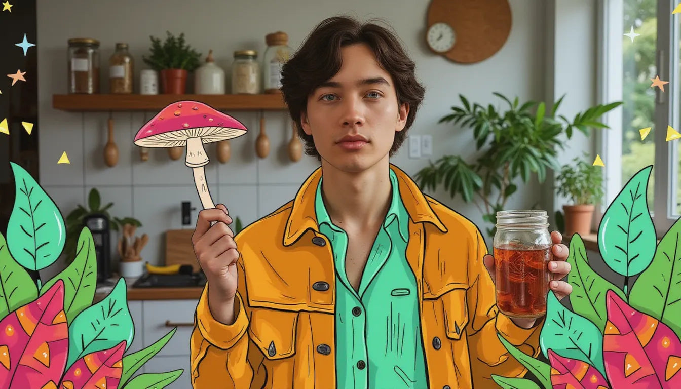 Young adult holding gut diagram and mushrooms, illustrating benefits of mushrooms for gut health and digestion