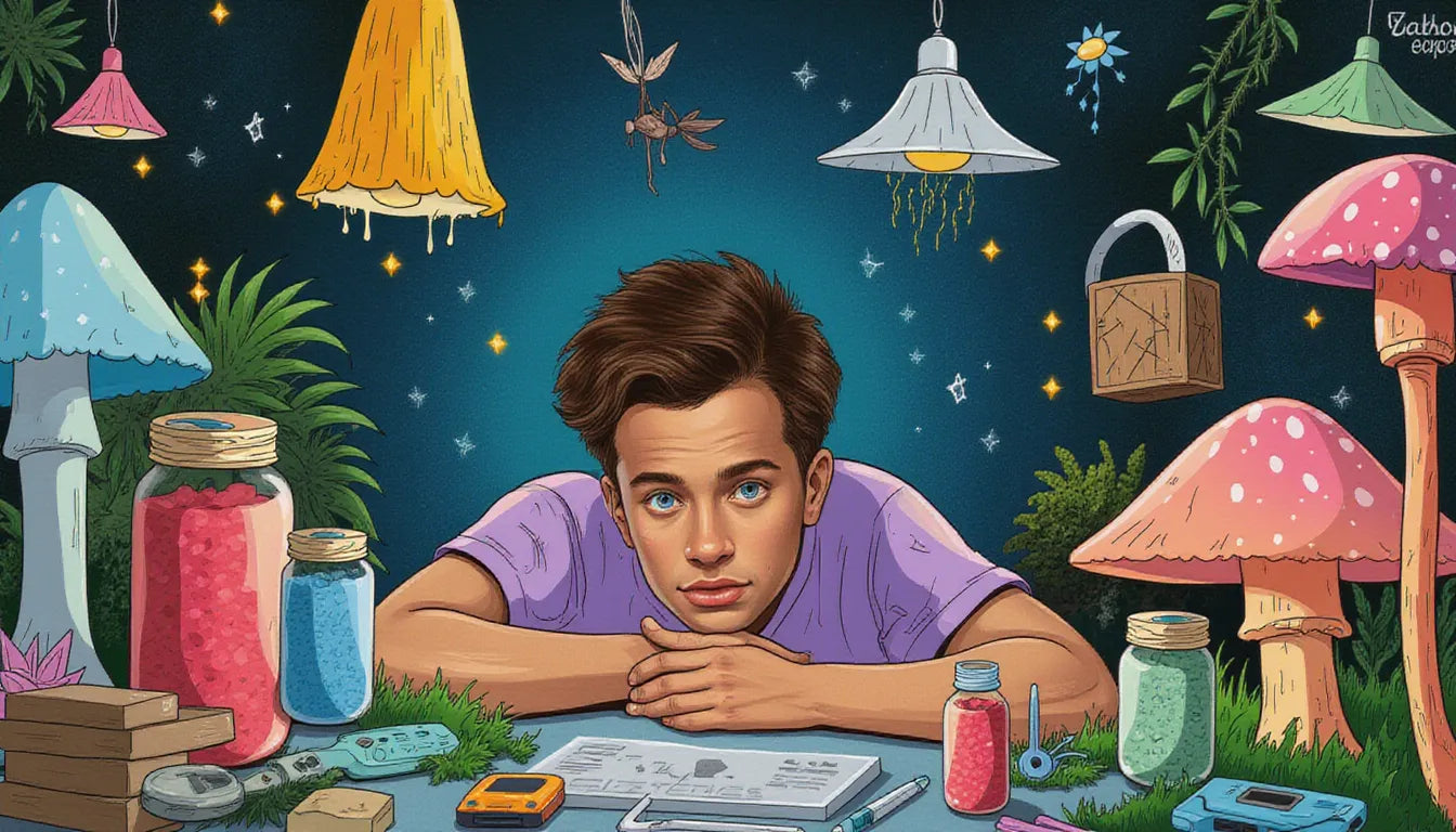 Beginner holding mushroom grow bag and pro lab tool split between home and commercial mushroom cultivation setup with fantasy mushroom art