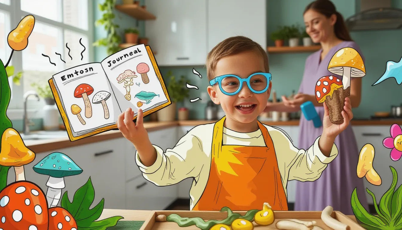 Child excitedly using a mushroom growing kit in kitchen with oyster mushrooms, observation journal, and playful illustrations of mushrooms and fairy lights