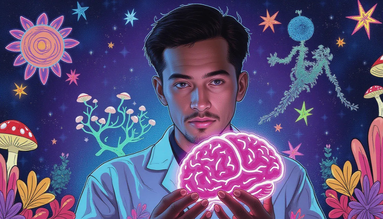 Scientist holding glowing mushroom with ethereal DNA and Earth diagrams, representing the role of psychedelics in creativity and global problem-solving