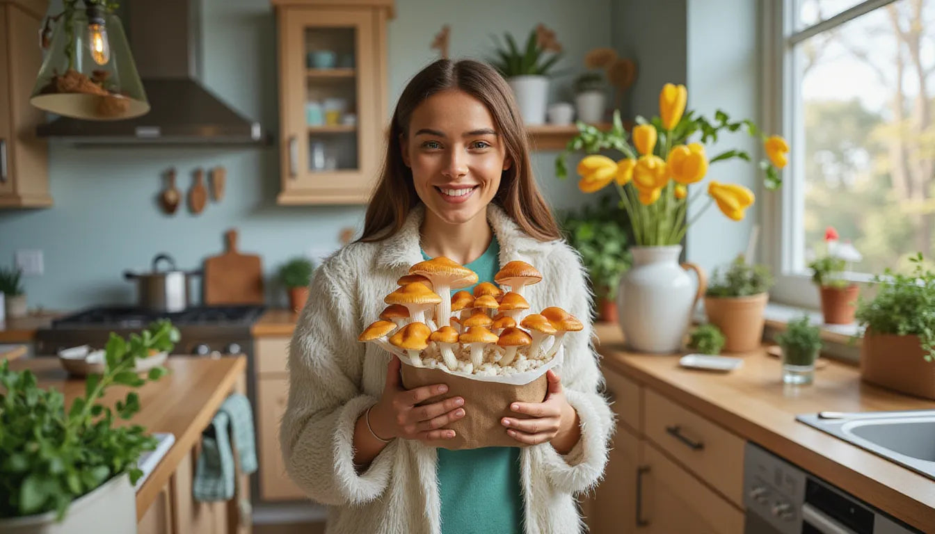 Beginner growing gourmet mushrooms at home using grow kit with lion's mane and oyster mushrooms, cartoon overlays showing growth stages