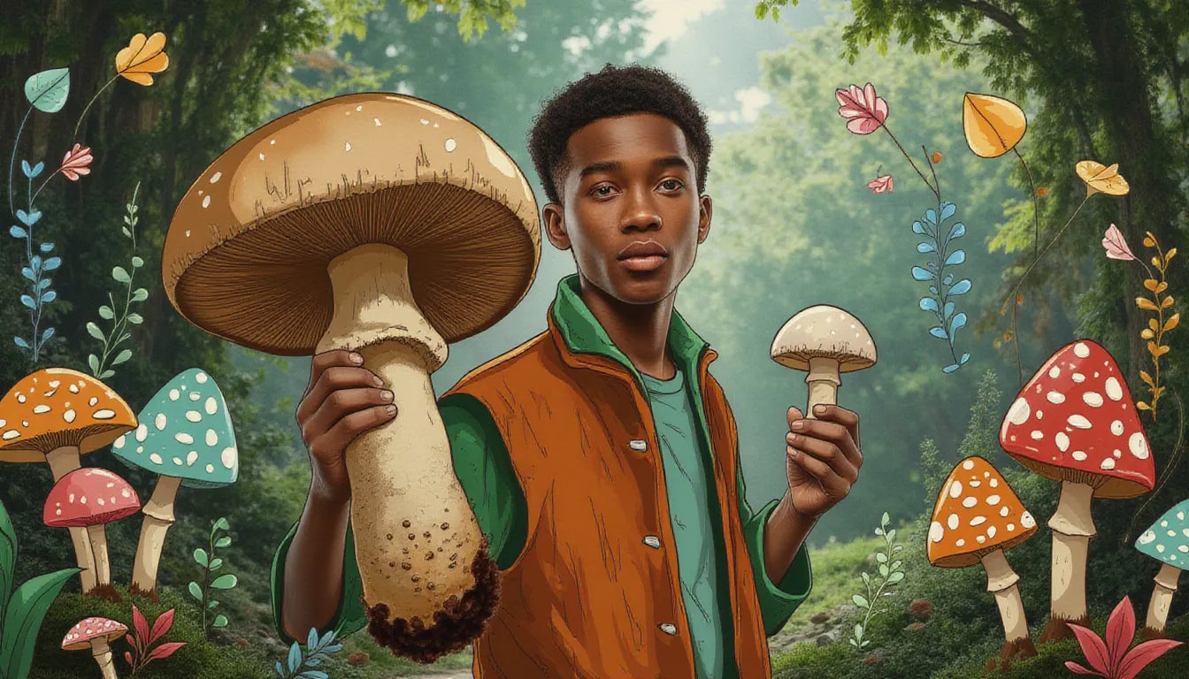 Home gardener examining button, cremini, and portobello mushrooms on table next to grow kit supplies, with whimsical mushroom illustrations