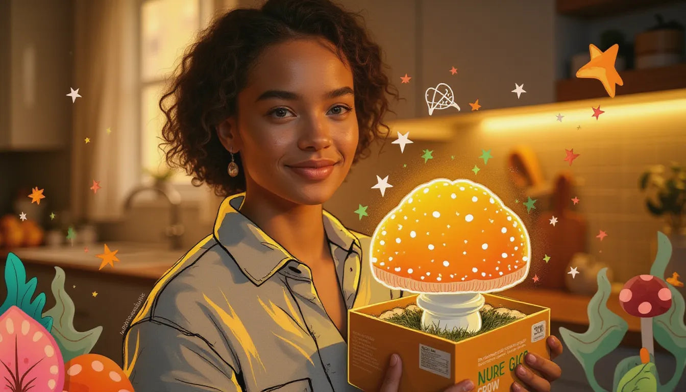 Excited young adult holding lion's mane mushroom and supplement bottle in cozy wellness kitchen, surrounded by fantasy mushrooms and herbs artwork
