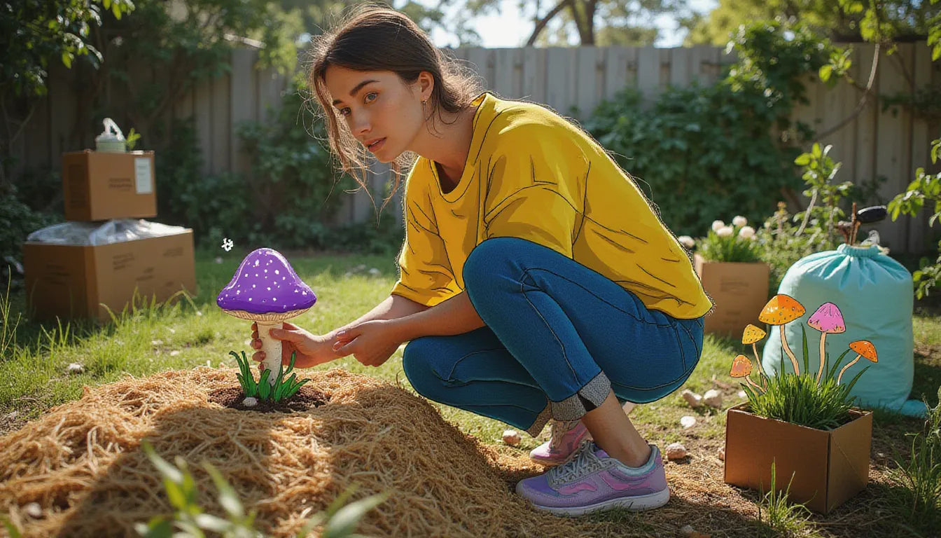 Person excitedly discovering wood blewit mushrooms growing in urban garden straw bed with illustrated cold-air effects and fantasy mushroom décor