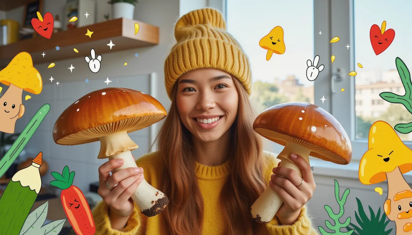Person holding portobello mushroom and digestive diagram, highlighting mushroom fiber benefits for digestion, weight loss, and gut health with animated overlays.