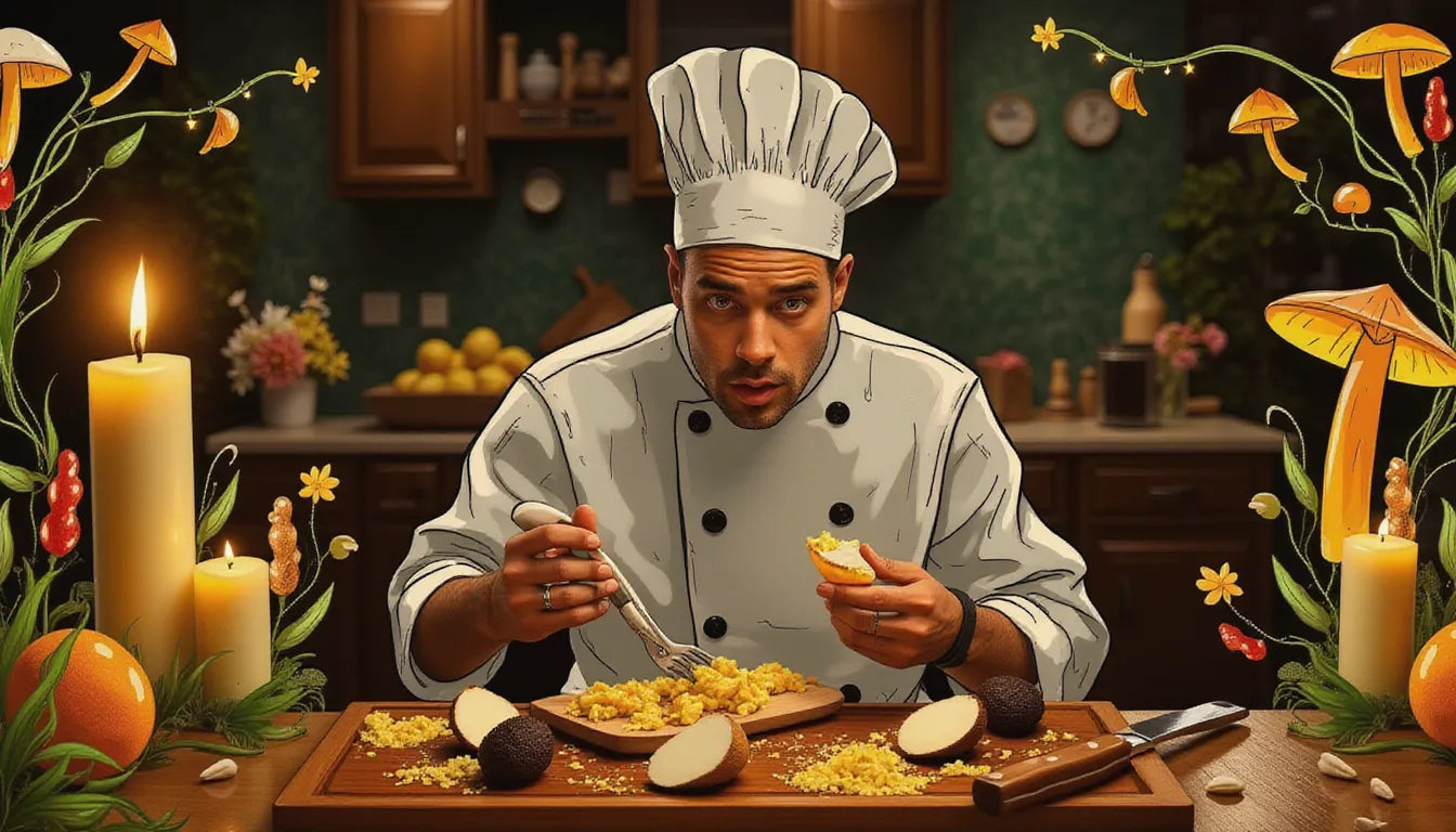 Surprised foodie holding truffle and dollar bill in truffle hunting forest with fantasy mushroom illustrations