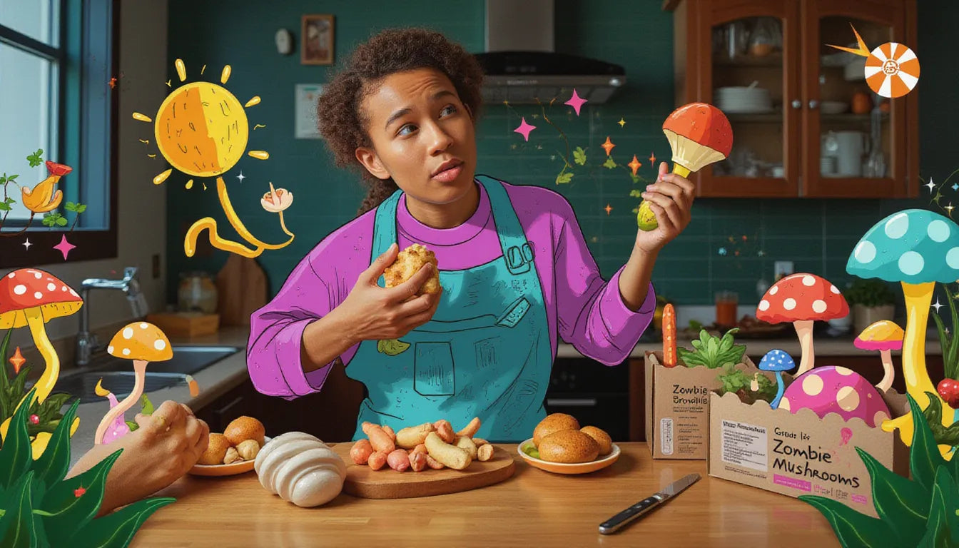 Home cook examining edible and inedible mushroom stems with illustrated labels, colorful mushrooms, and fantasy-inspired decorations