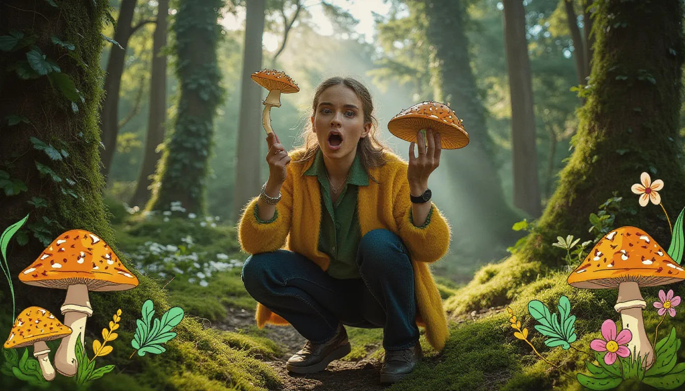 Excited forager discovers Penny Bun mushroom in forest with mushroom ID guide, captured in lush autumn woodland setting surrounded by fantasy mushroom illustrations.
