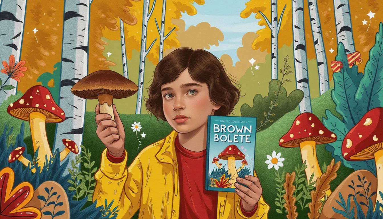 Forager examining a Brown Birch Bolete mushroom in the woods with animated ID check overlays, surrounded by fantasy mushrooms and birch trees