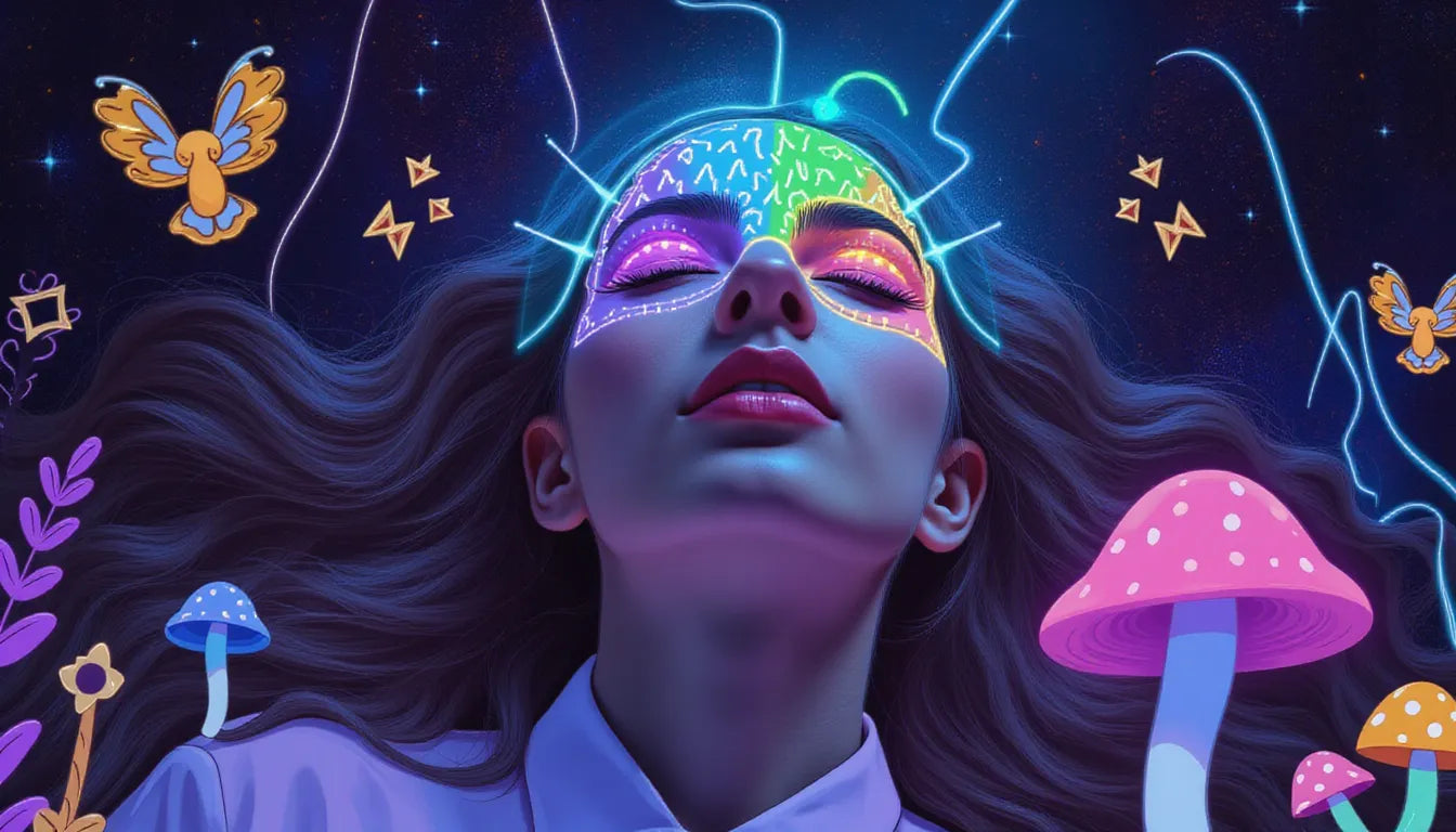 Woman awakening surrounded by glowing brain scans and psilocybin mushrooms, representing the effects of psilocybin on consciousness