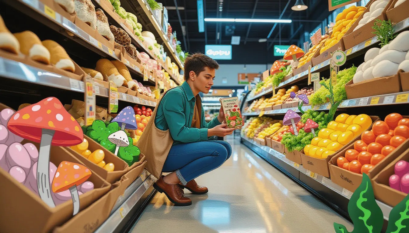 A young shopper in a grocery store holding a paper bag filled with fresh mushrooms, inspecting a lion's mane mushroom with animated overlays and vibrant fantasy elements highlighting mushroom picking tips.