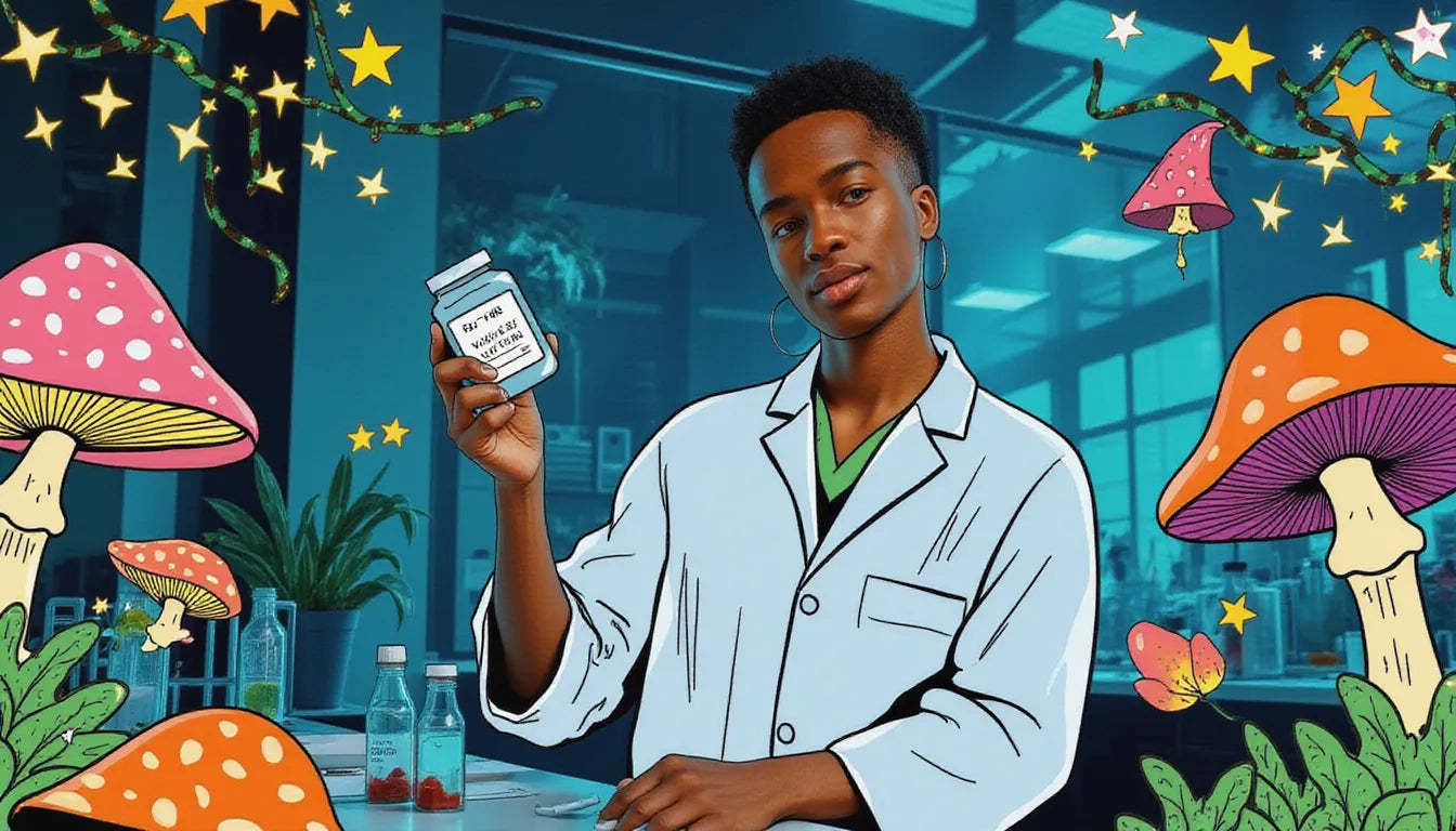 Scientist in lab coat holding petri dish with glowing mushroom spores in Colorado psilocybin testing lab, colorful fantasy mushrooms background