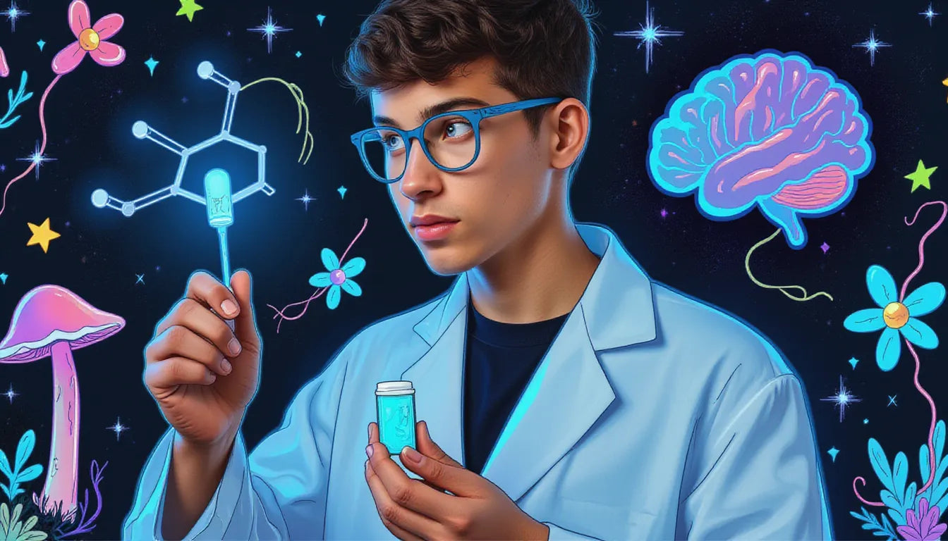 Photo editorial of person studying LSD analog in neon-lit science lab, floating psychedelic molecule, neuron visuals and mushroom-themed illustrations