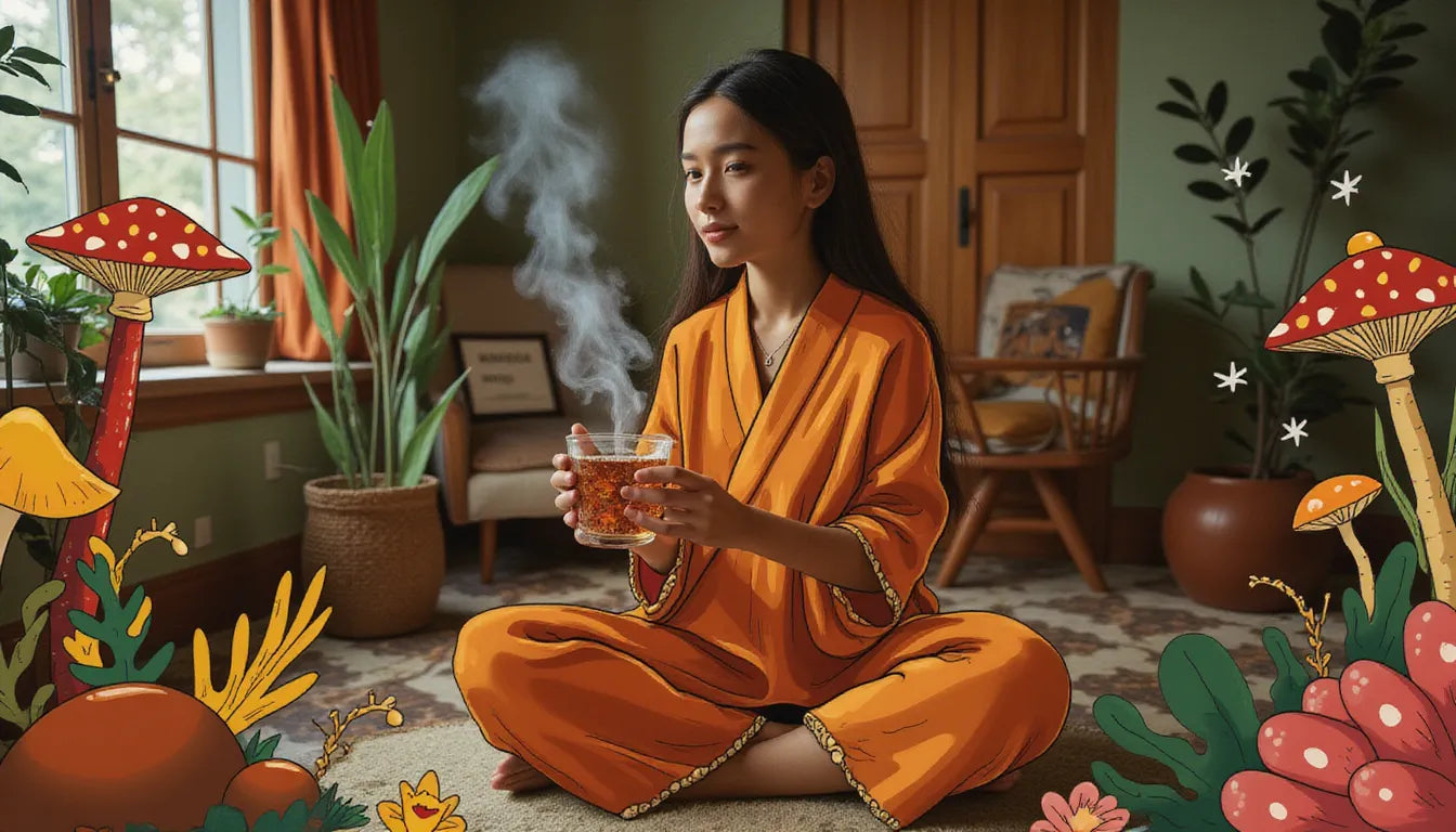 Diverse global cultures sharing mushroom tea in traditional cups animated with mist and mushroom art, highlighting traditional and modern mushroom tea recipes
