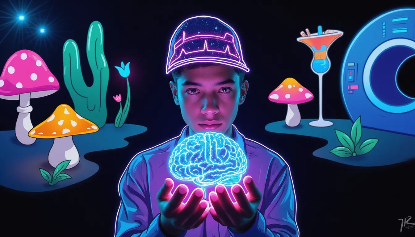 Person with EEG headset and glowing fMRI scan representing DMT brain effects, surrounded by illustrated fantasy mushrooms, fairy lights, and herbs