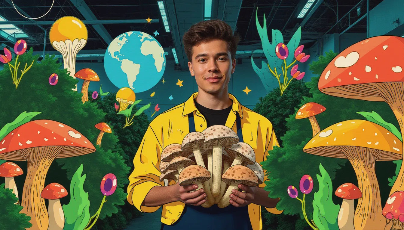 Eco-conscious gardener holding gourmet mushrooms on rooftop farm promoting sustainable mushroom cultivation