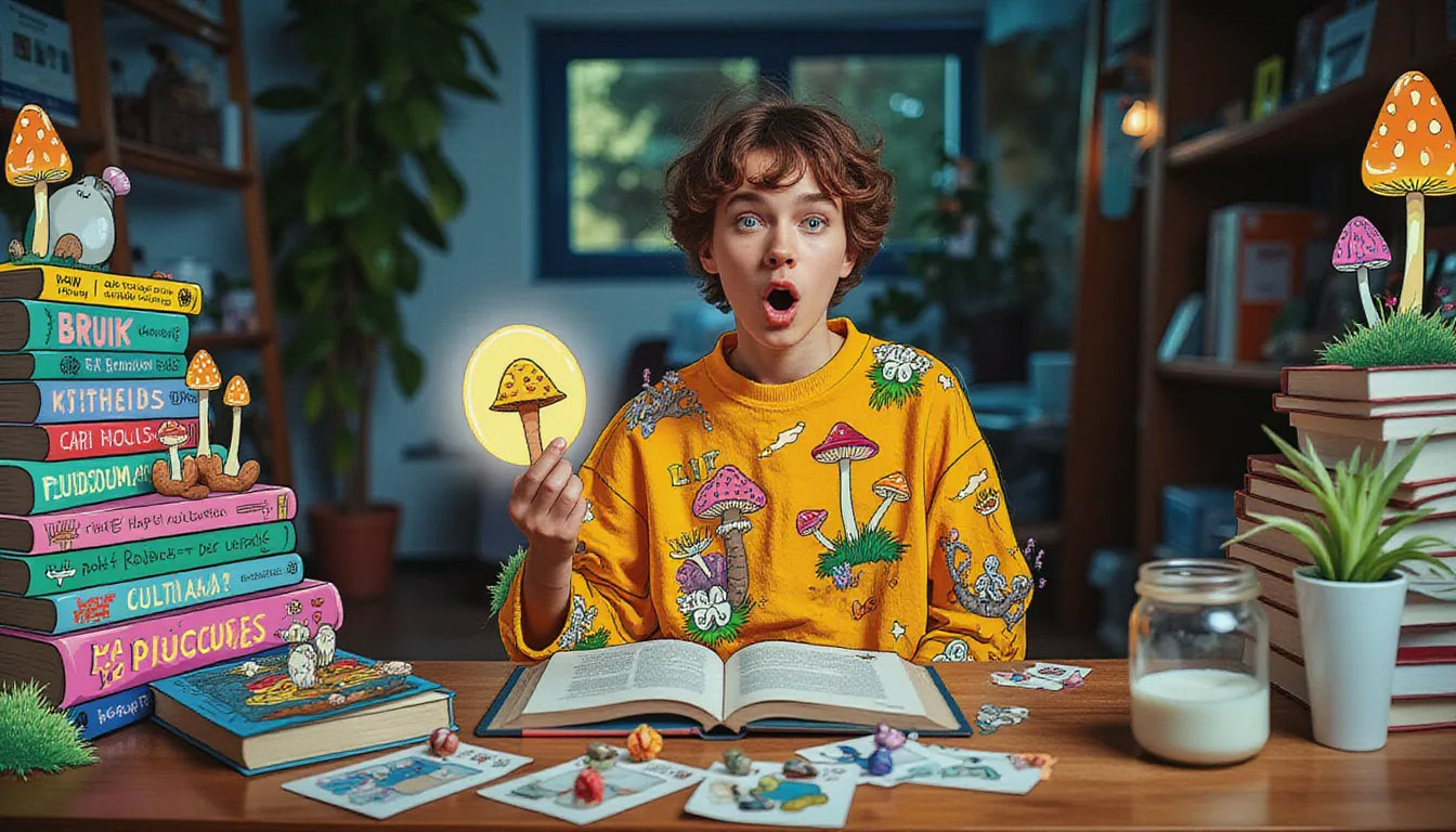 Young adult reading top mushroom cultivation books with grow kits and illustrations of fantasy mushrooms for fungal farming and education