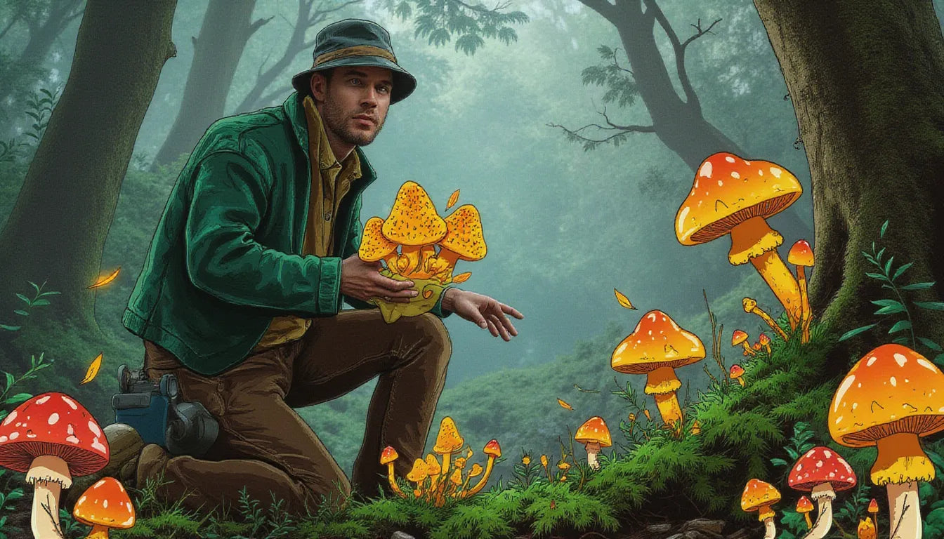 Explorer identifying wild morel mushrooms with illustrated guide overlays of morel life cycle and grow kits in a magical forest vibe