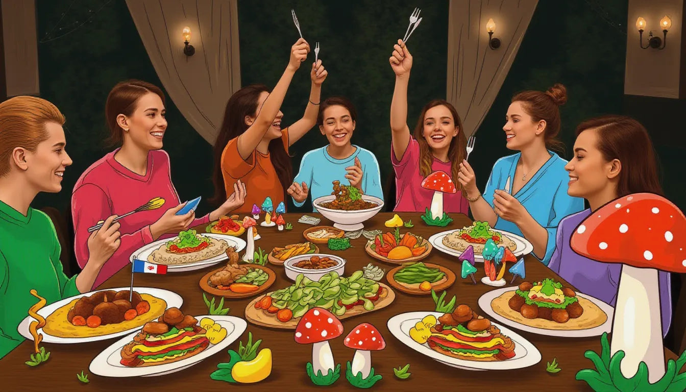 Photo collage of global mushroom dishes including Korean mushroom hot pot, Mexican huitlacoche quesadilla, and Italian porcini risotto, with animated fantasy mushrooms and herbs in the background