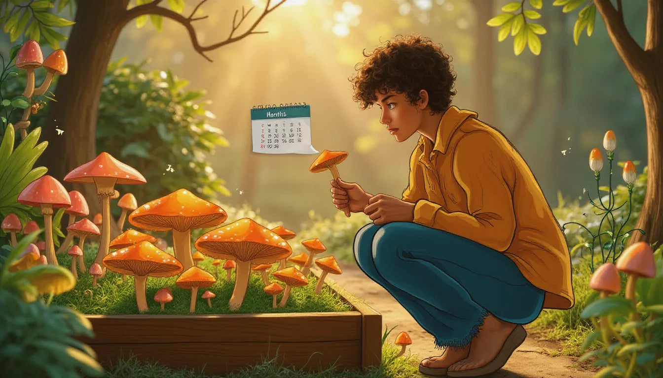Young home gardener harvesting a large Parasol mushroom in a fantasy-inspired garden scene with grow tools and whimsical details, illustrating home cultivation of Macrolepiota procera