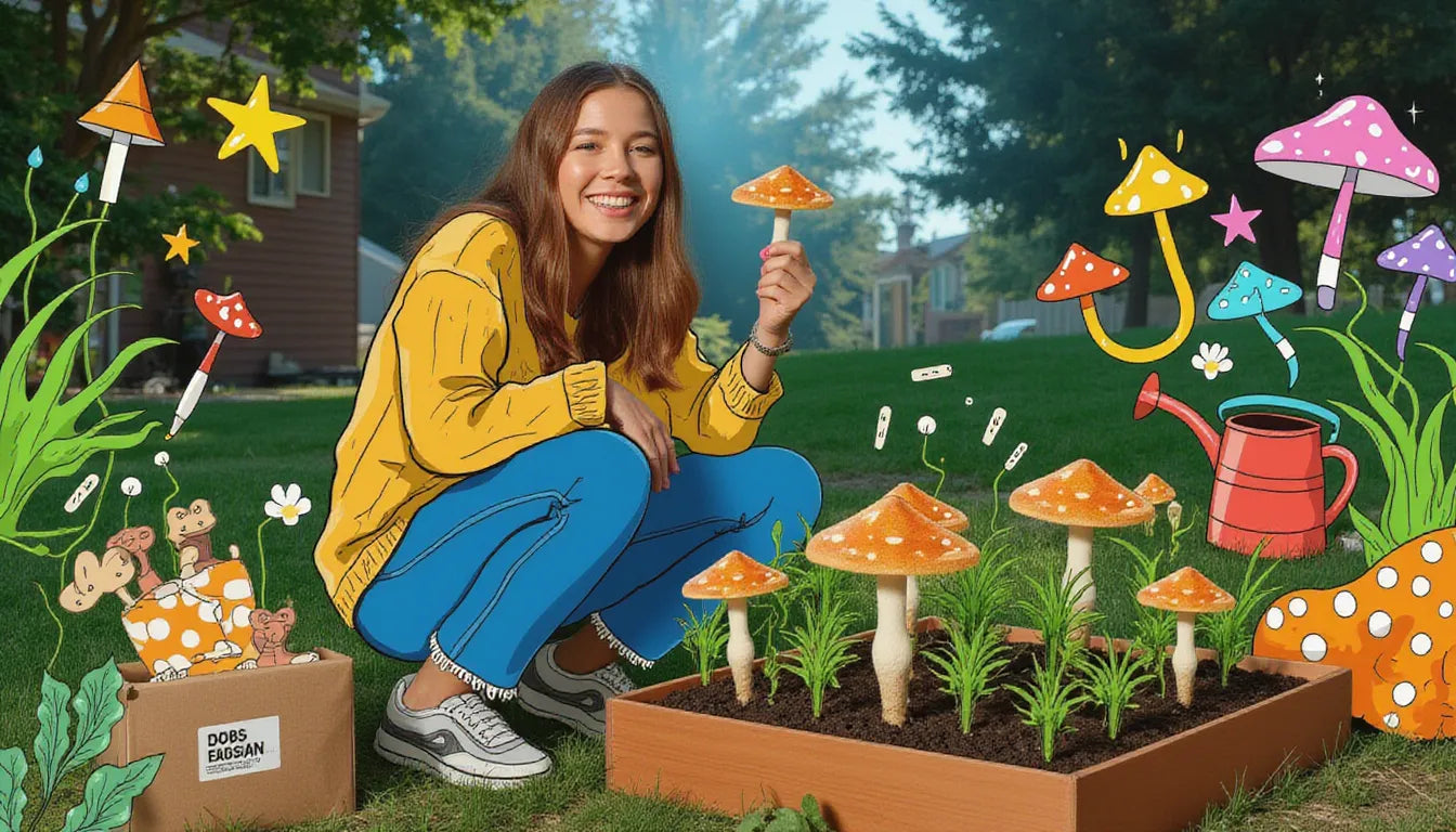joyful grower holding Almond Agaricus mushrooms and substrate bag in indoor garden with fantasy mushroom illustrations