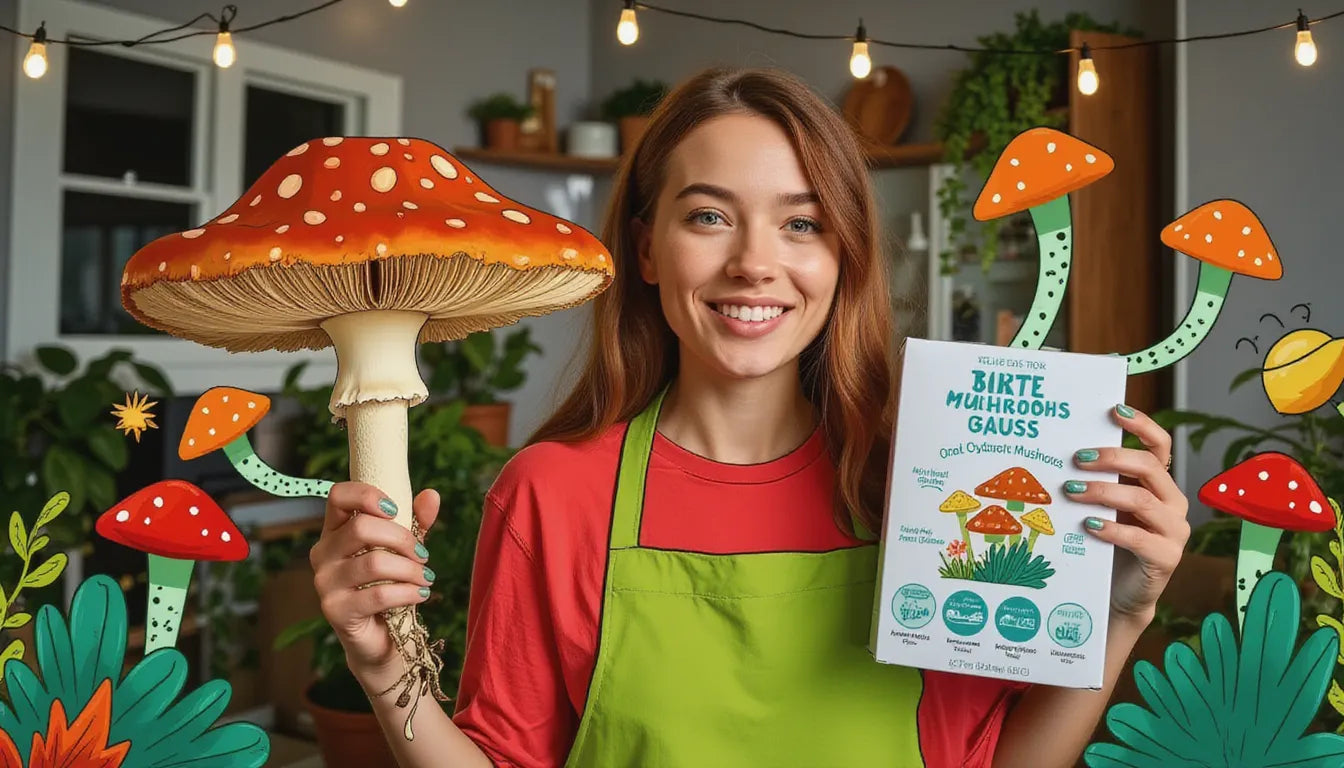 Excited young gardener holding homegrown king oyster mushrooms with animated overlays of mushroom cultivation steps, in a cozy kitchen setup