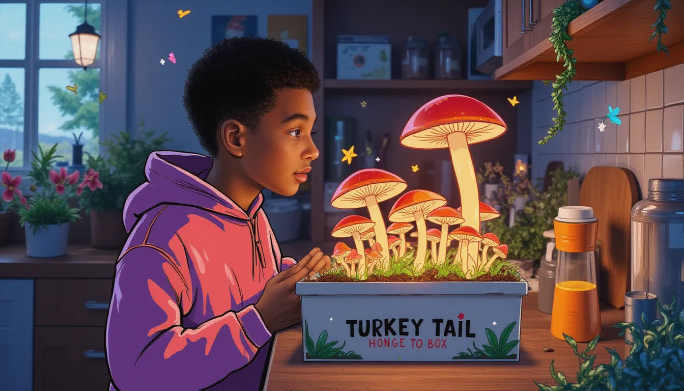 Person examining Turkey Tail mushroom grow kit at home, with fantasy mushrooms and glowing mist, comparing it to Amazon package