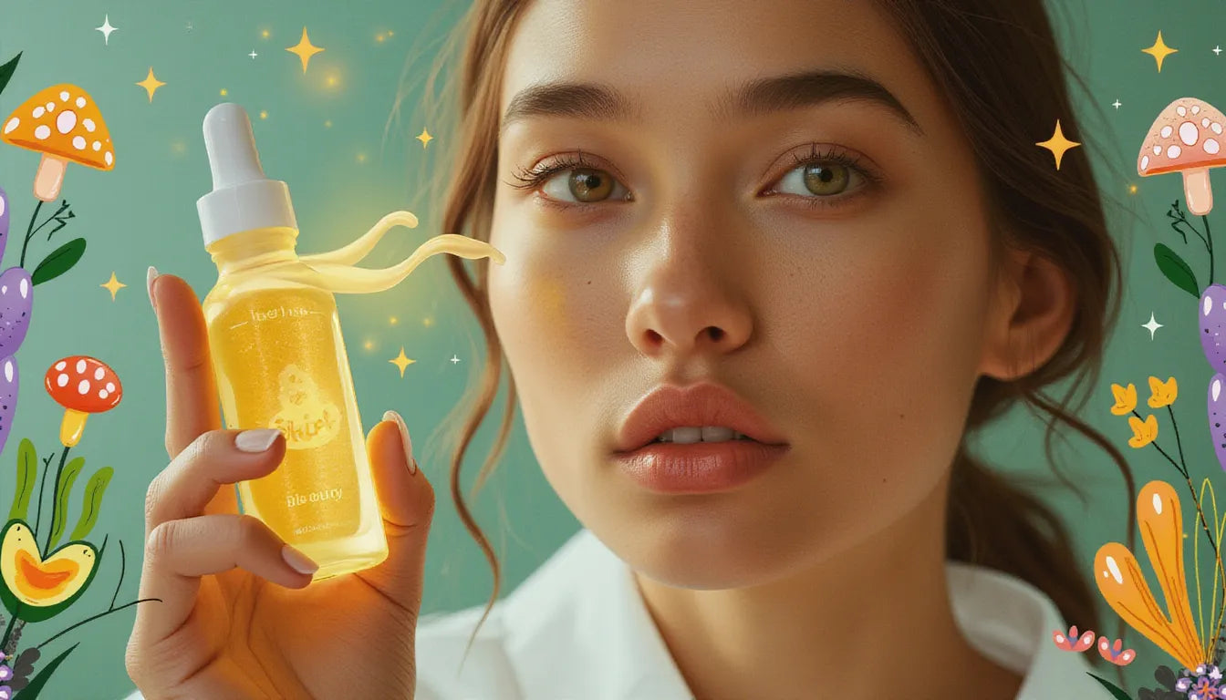 Glowing woman comparing Tremella mushroom and hyaluronic acid bottle for skincare benefits with fantasy mushroom art background