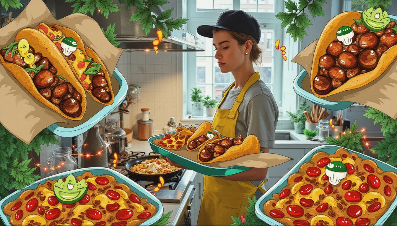 Young adult preparing mushroom meals for the week with vibrant meal prep containers, tacos, and pasta in a cozy kitchen surrounded by fantasy mushroom illustrations for a cook once, eat twice strategy.