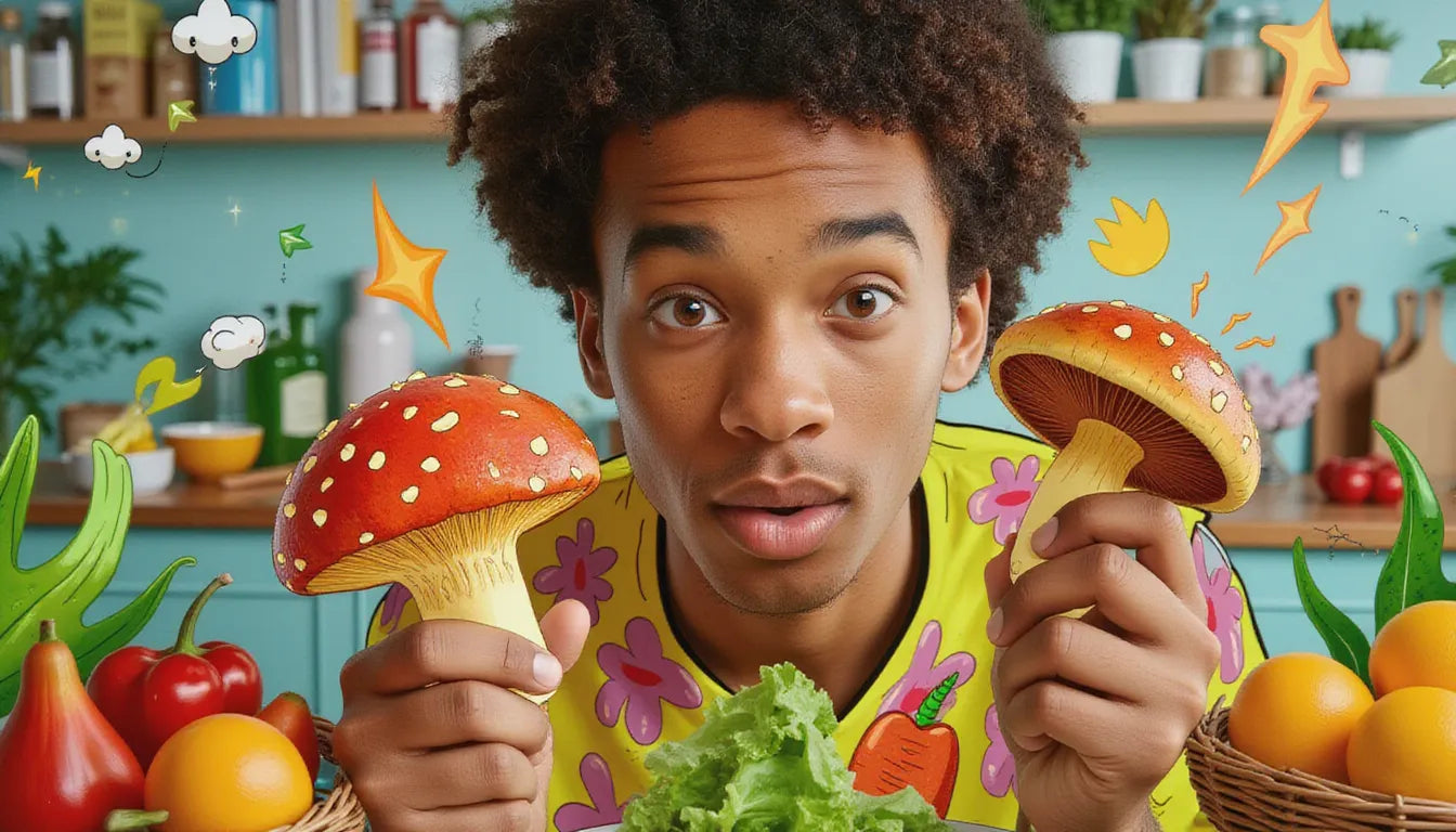 A visually striking thumbnail showing one person eating raw mushrooms and another cooking them, contrasted in a split-screen format with fantasy mushroom art, exploring whether mushrooms are healthier raw or cooked.