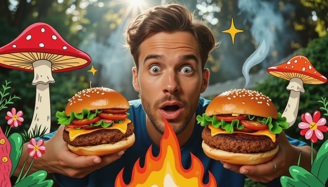 Viral thumbnail image showing a grilled portabella mushroom burger next to a beef burger patty with infographic text comparing their calories, surrounded by fantasy mushroom illustrations.