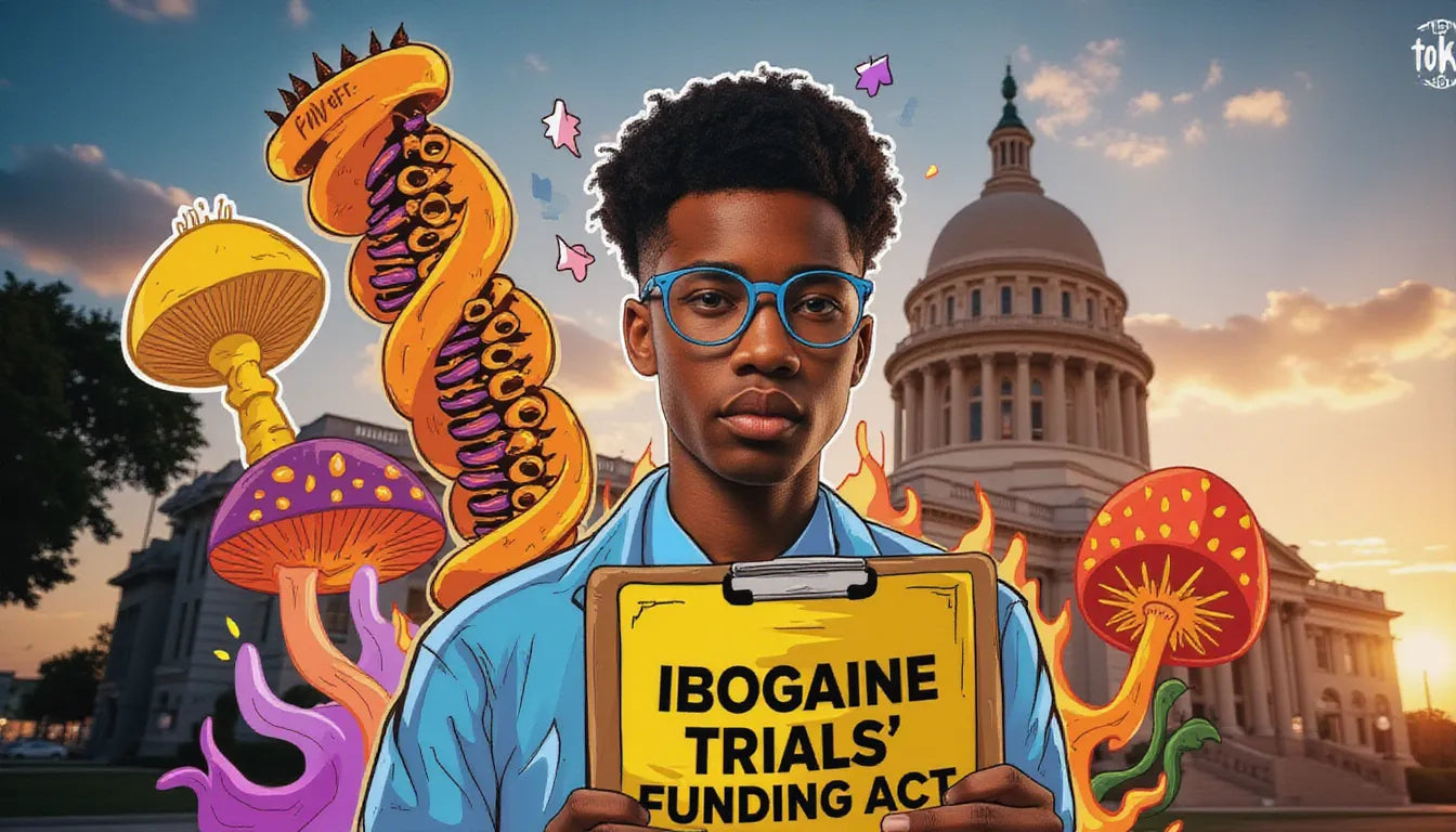 Policy analyst holding Texas Ibogaine trial funding file in front of Capitol with psychedelic molecular visuals and fantasy mushrooms