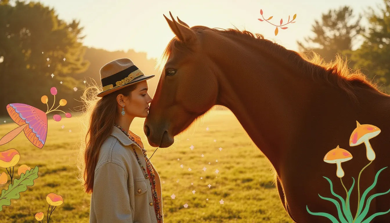 Woman gently bonding with horse during nature-based psychedelic therapy session with glowing mushrooms and emotional healing visual effects