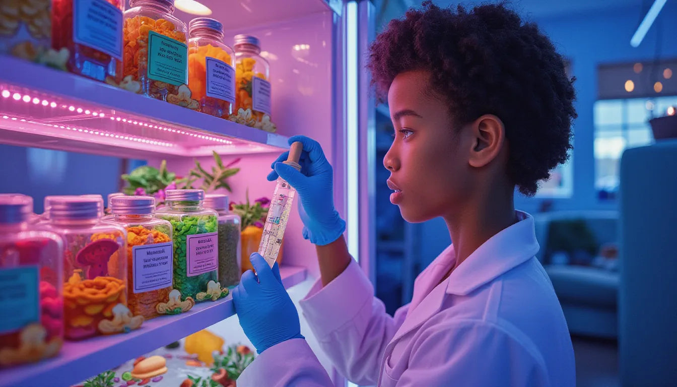 Home mushroom grower checking spore syringe expiration with illustrated clocks and cold storage imagery inside refrigerator, surrounded by fantasy mushrooms and vines
