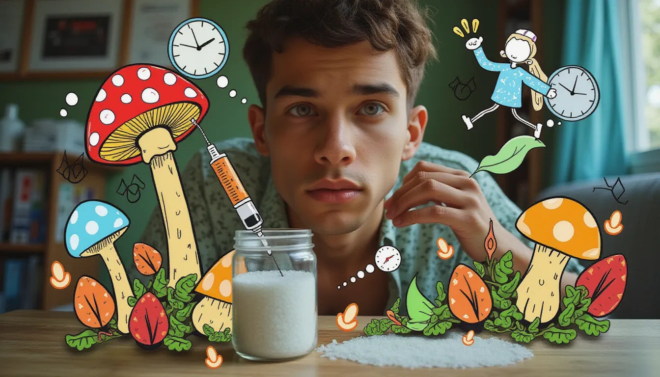 Mushroom grower examining mycelium jar with timer hologram and animated fungal networks illustrating liquid culture colonization time