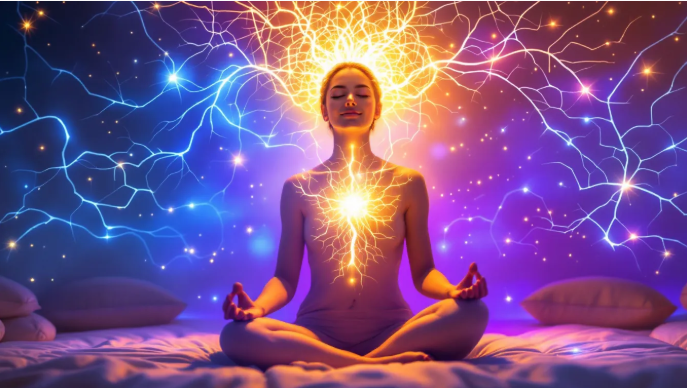 Silhouette of a meditating person with a glowing neural aura symbolizing altered brain function.