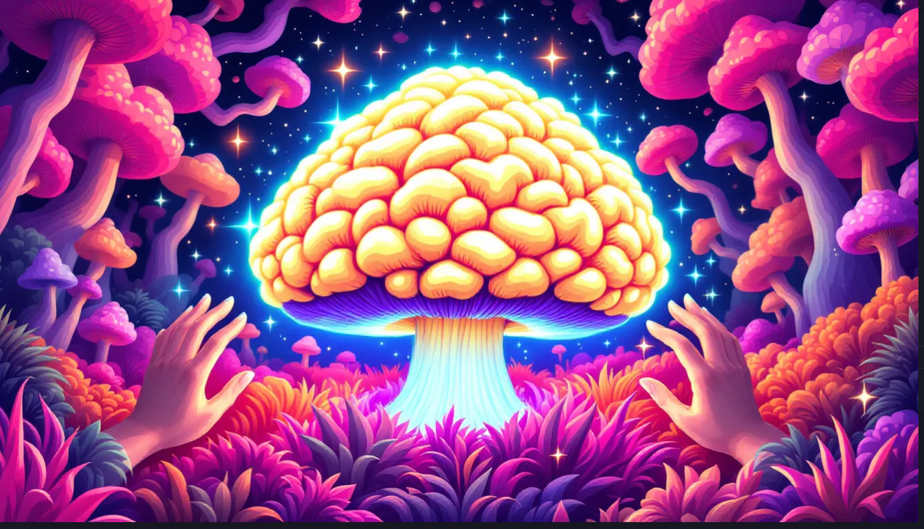 A glowing, golden mushroom with a textured cap in a vibrant, colorful forest of pink and purple mushrooms, under a starry sky, with two hands reaching out from the foreground.