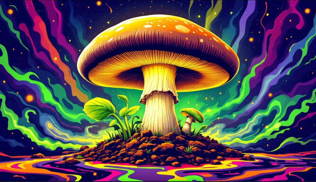 Vibrant mushroom with colorful glowing swirls and starry sky.
