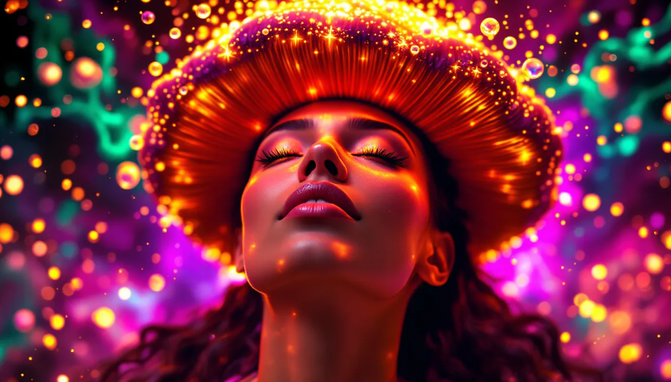 A woman with closed eyes, wearing a glowing red mushroom cap, surrounded by colorful lights and sparkles on a vibrant purple background.
