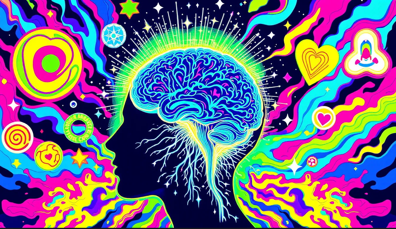 Psychedelic pop art image of lion's mane mushroom merging with a glowing human brain, surrounded by symbols of immunity, digestive health, and stress relief