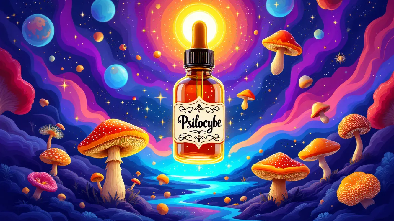 Psychedelic pop art illustration of mushroom tincture making with glowing potion bottle, vivid mushrooms like Reishi and Lion’s Mane, in bold trippy colors for a DIY tincture guide