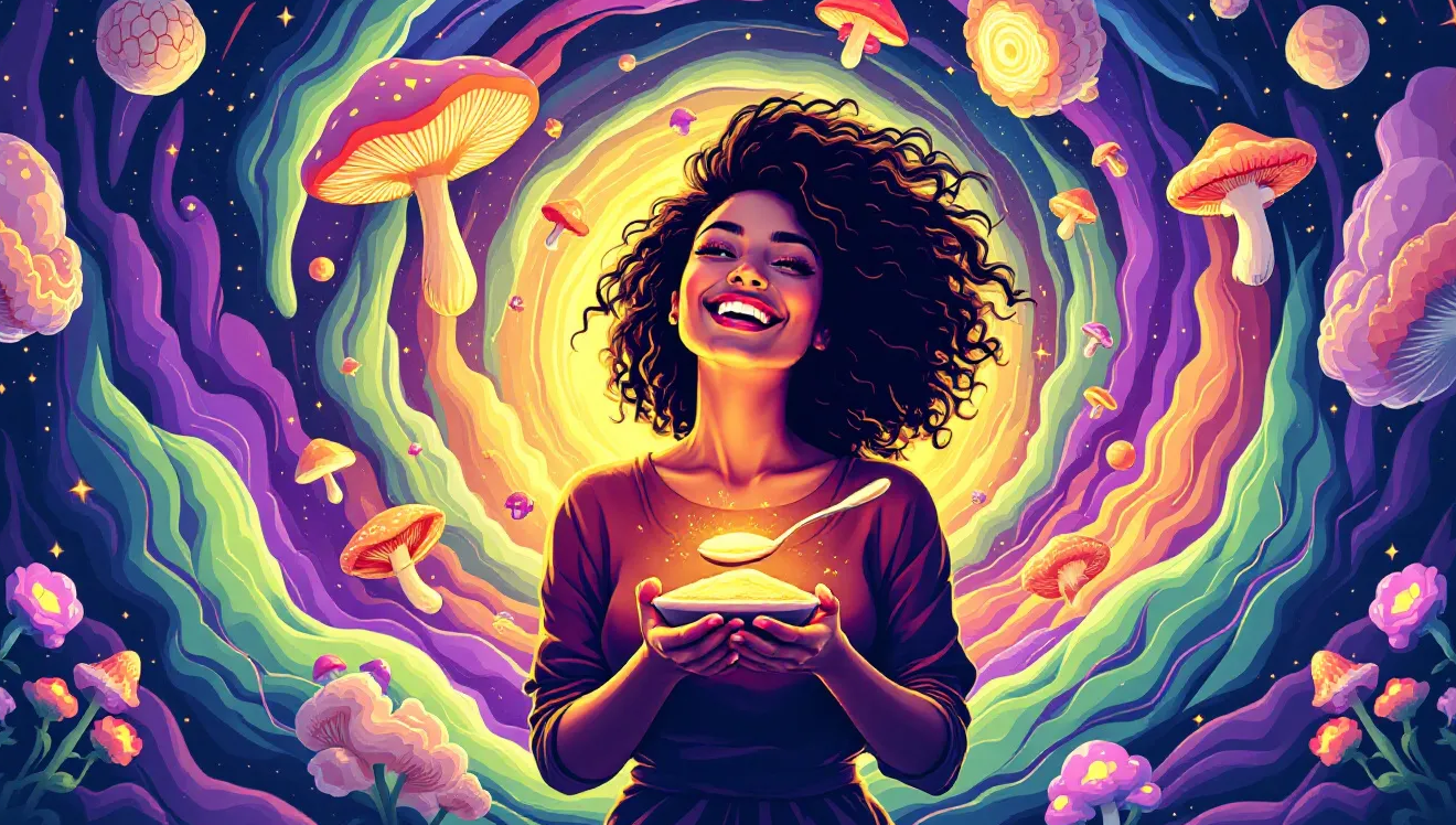 Psychedelic pop art of mushroom blend powder with glowing spoon, icons for brain health, immunity, and energy on vibrant trippy background