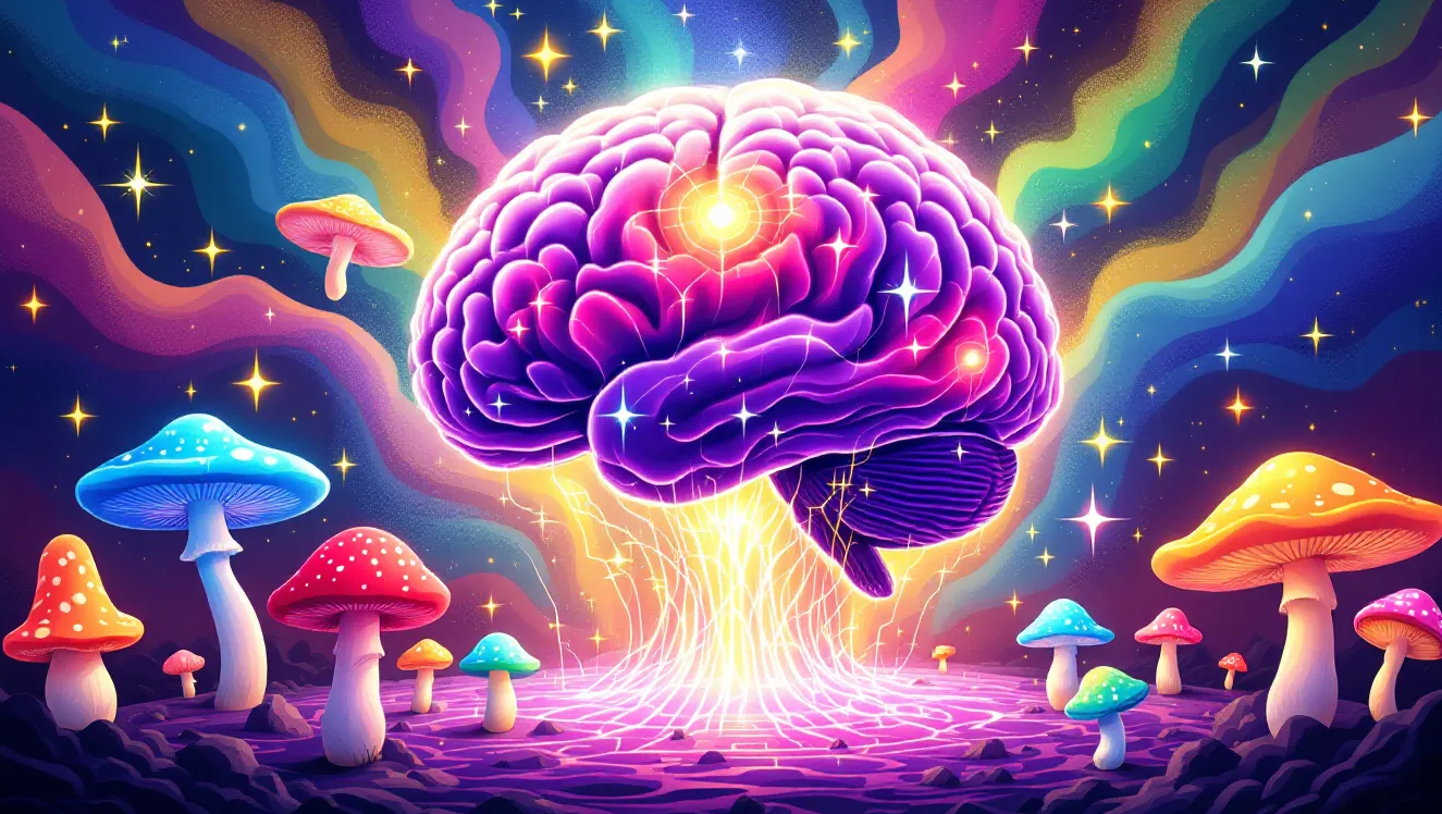 Psychedelic vector illustration of nootropic mushrooms like Lion’s Mane, Reishi, and Cordyceps enhancing a glowing brain, symbolizing cognitive and brain health benefits